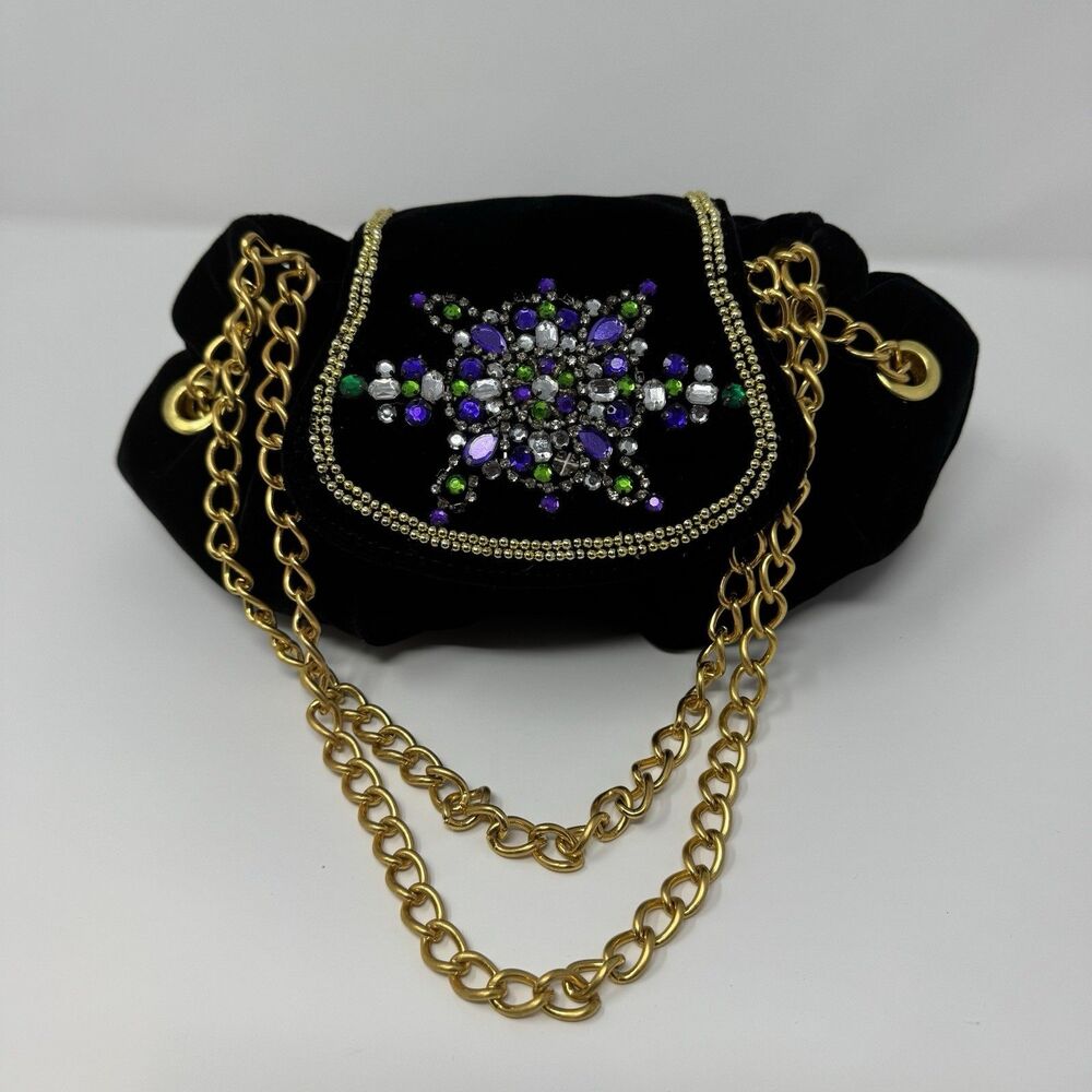 Paris Hilton Black Velvet Mini Handbag Purse Rhinestones Chains Y2K Glam Bling - Picture 14 of 14